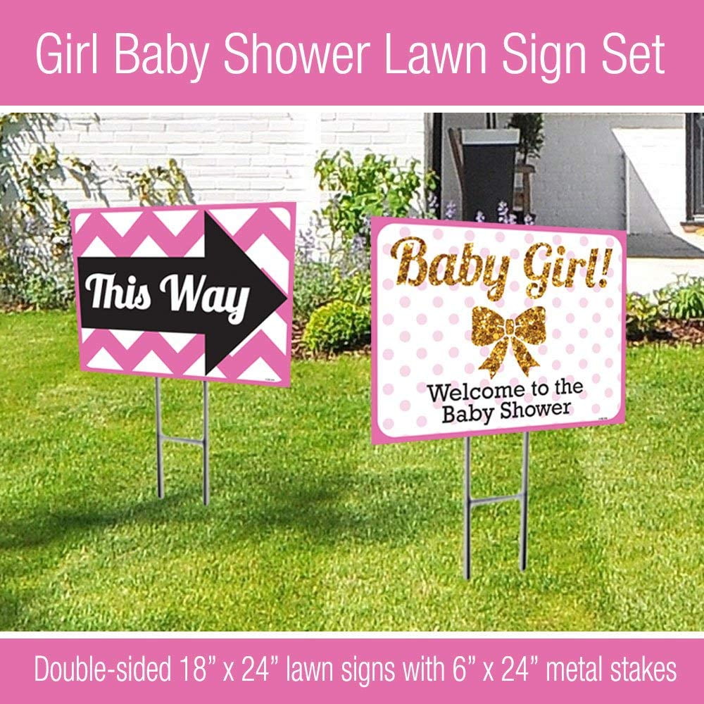 18x24 Baby Girl double sided Lawn Sign Baby Shower Kit with 6x24 H-stakes. Brightly colored Pink, Black, and Digitally Printed Gold Glitter. Baby Girl sign with a Directional Arrow sign included