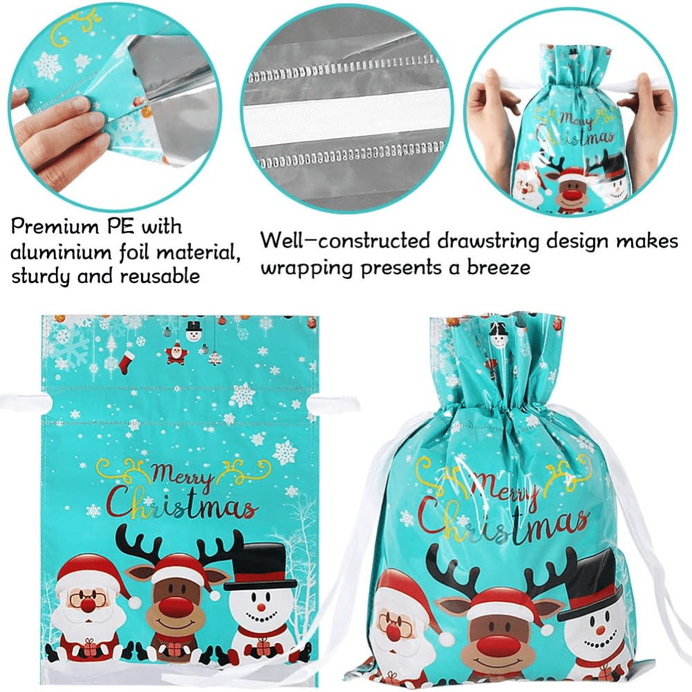 Christmas Gift Bags, 30PCS Drawstring Christmas Gift Bags, 4 Sizes and 6 Designs with Inserted Drawstring Ribbons and Tags for Xmas Holiday Presents Party Favor Wrapping