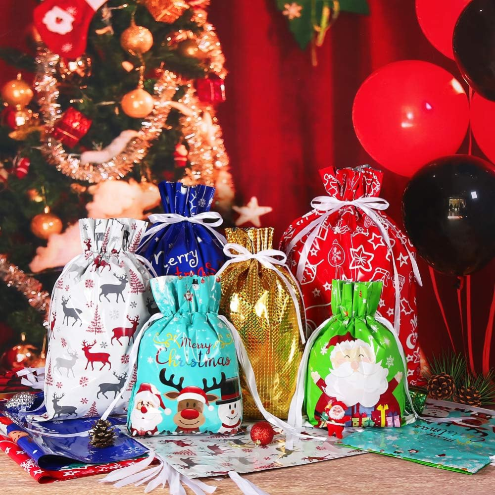 Christmas Gift Bags, 30PCS Drawstring Christmas Gift Bags, 4 Sizes and 6 Designs with Inserted Drawstring Ribbons and Tags for Xmas Holiday Presents Party Favor Wrapping