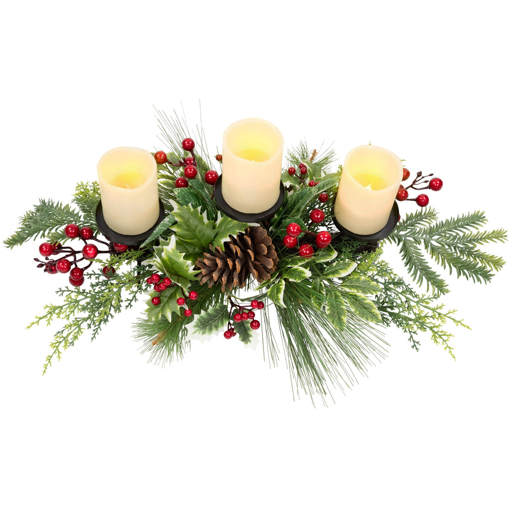 Northlight Holly and Berries Christmas Pillar Candle Holder with Pine Cones - 28"