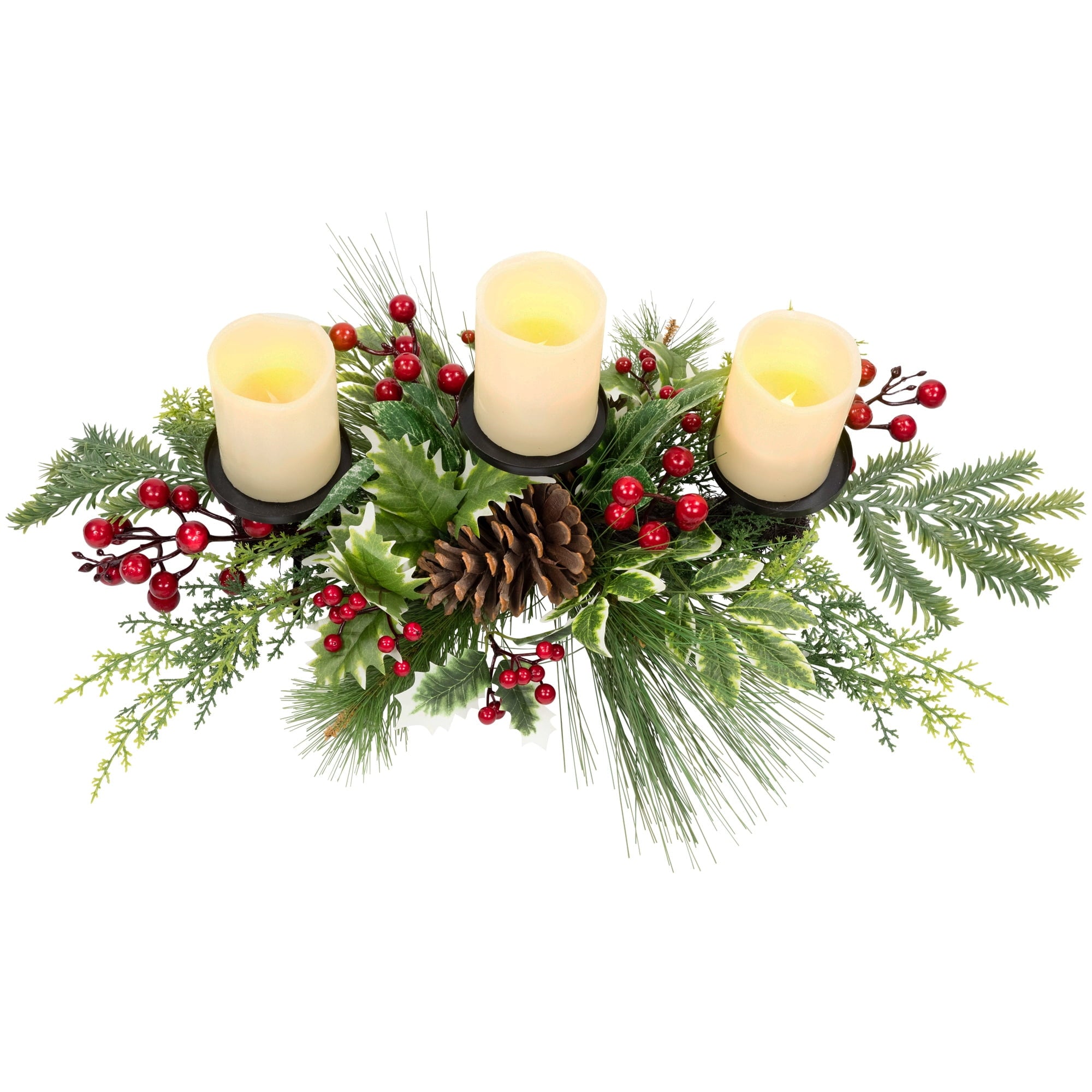 Northlight Holly and Berries Christmas Pillar Candle Holder with Pine Cones - 28"