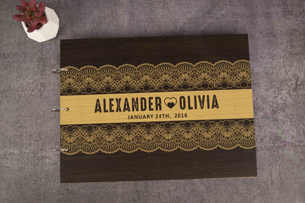 Darling Souvenir Personalized Engraved Laser Cut Wedding Guest Book Wooden Cover Sign-in Book Registry Guestbook Scrapbook-6K
