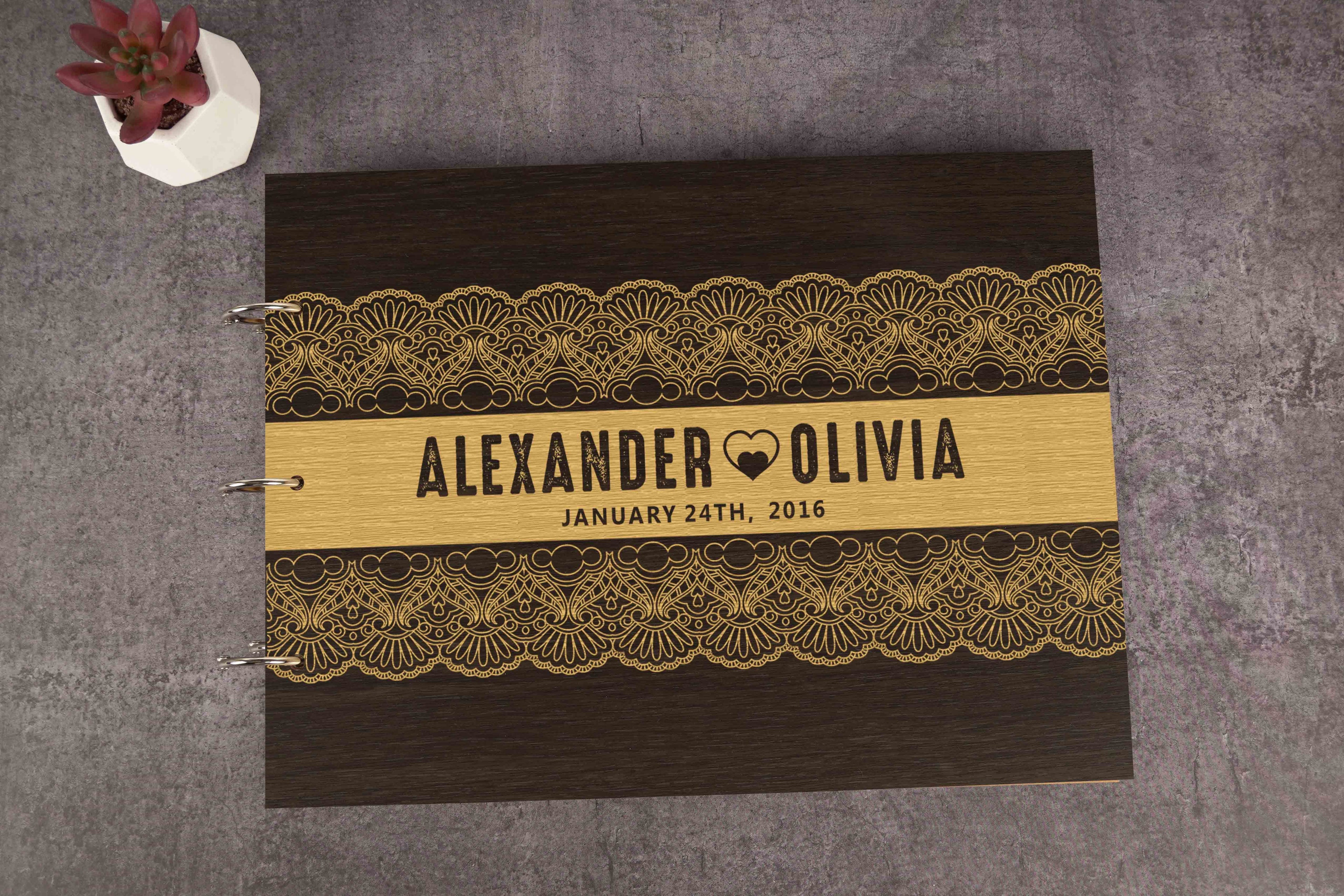 Darling Souvenir Personalized Engraved Laser Cut Wedding Guest Book Wooden Cover Sign-in Book Registry Guestbook Scrapbook-6K