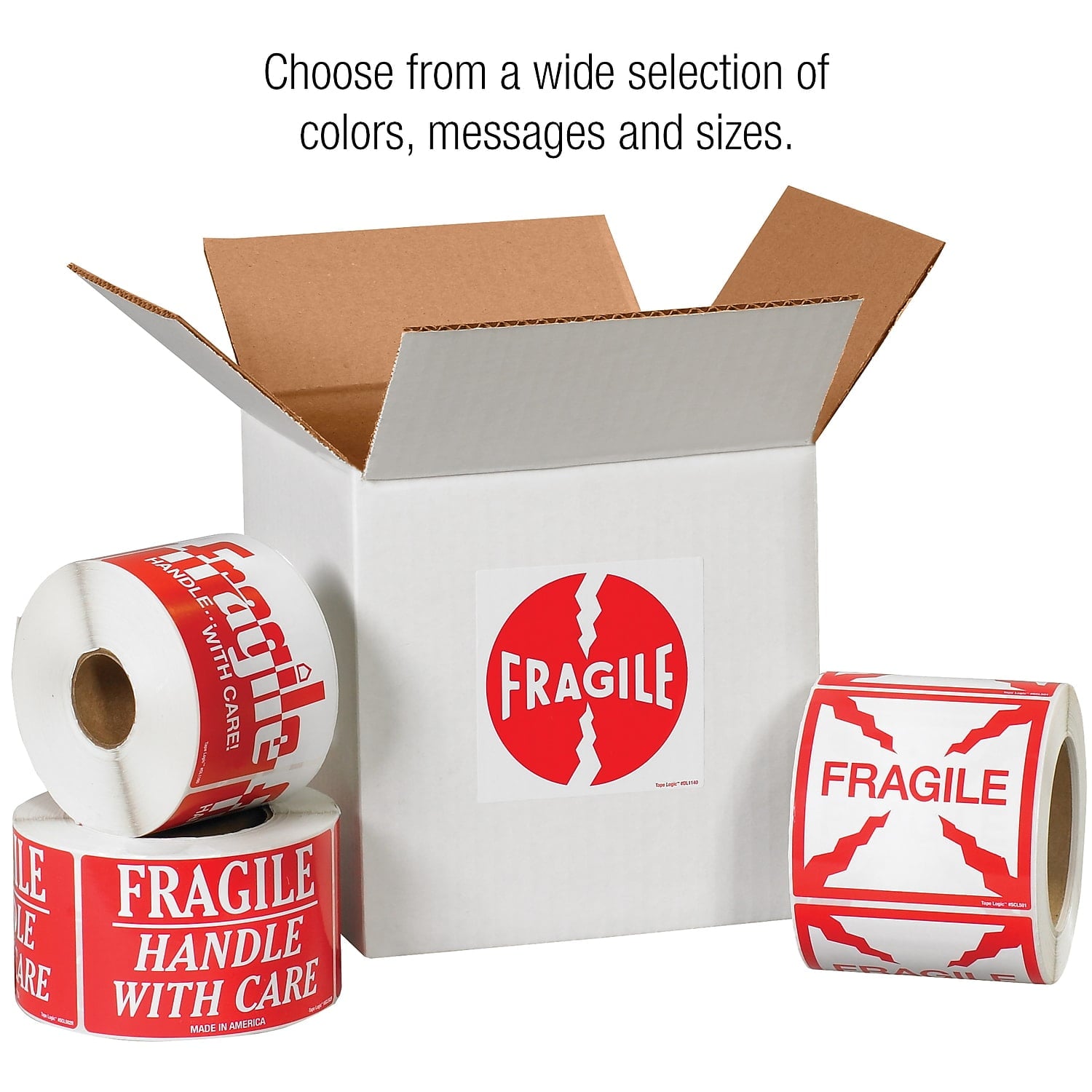 Tape Logic Labels "Fragile - This Side Up - HWC" 3" x 5" Red/White 500/Roll SCL521
