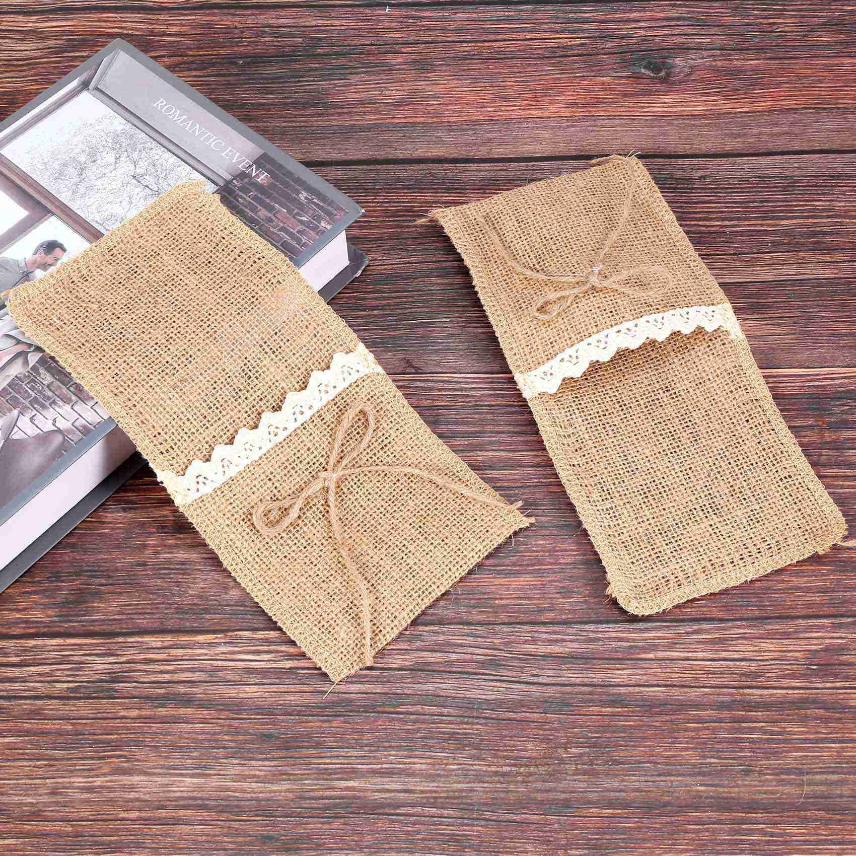 100PCS Country Wedding Table Silverware Holder Natural Burlap Cutlery Pockets Fork Pockets Rustic Wedding Decoration