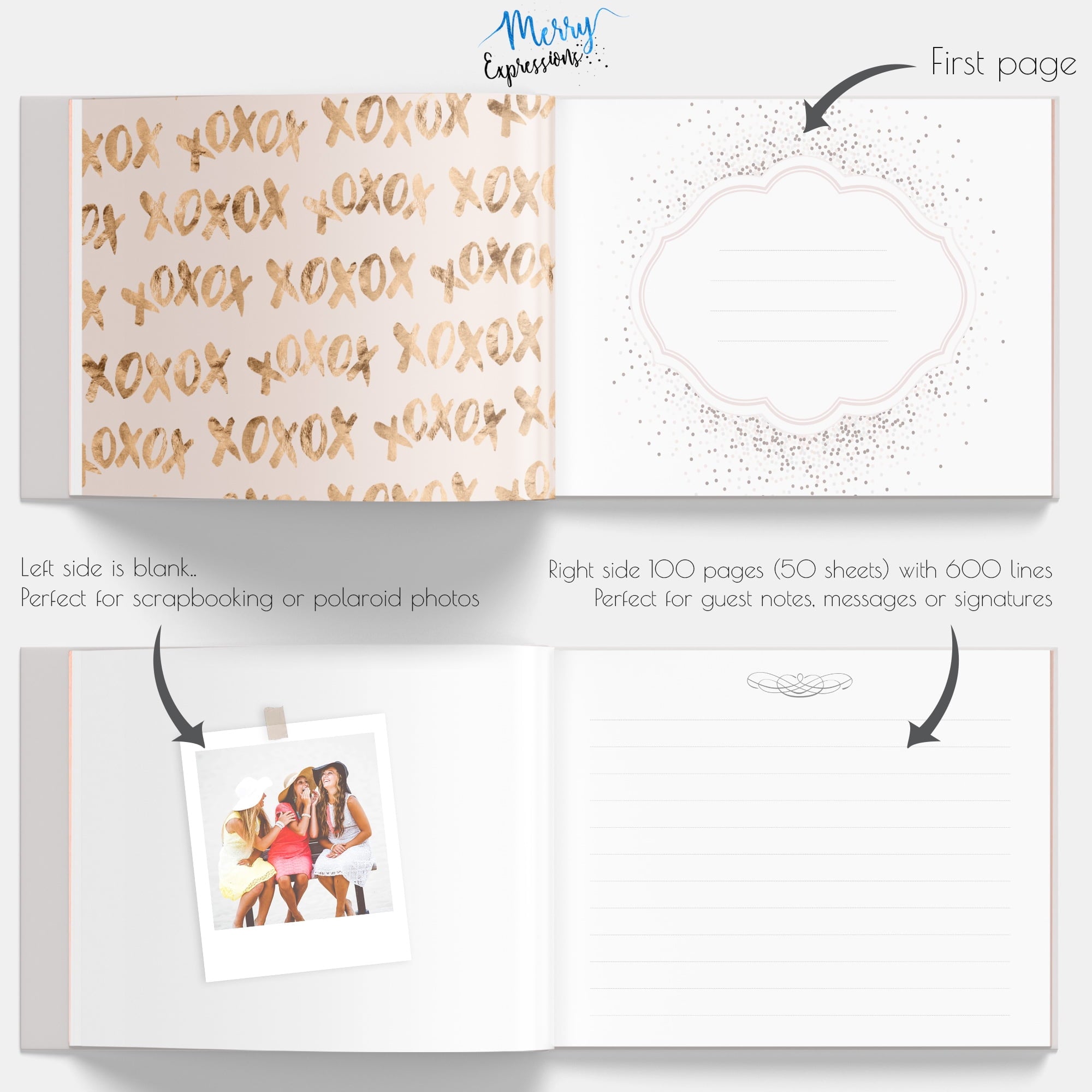 Merry Expressions Rose Gold Wedding Guest Book & Pen Set - 9" x 7" Hardcover 100 Page/50 Sheets