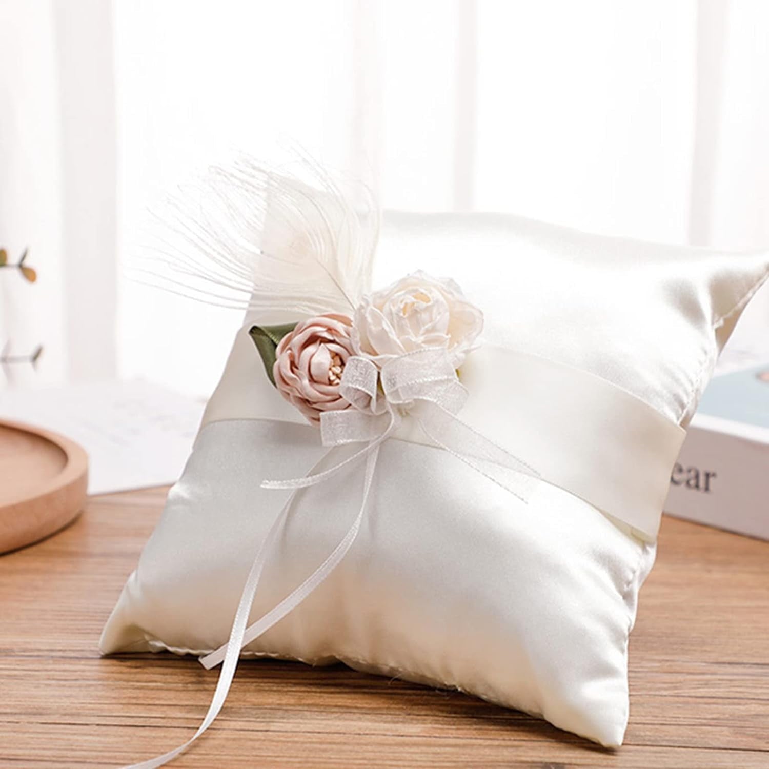 Ivory Satin Ring Bearer Pillow 7inch Wedding Ring Pillow Ribbon and Organza Flowers Decorated,for Engagement, Proposal, Wedding Banquet Ring Bearer Pillow
