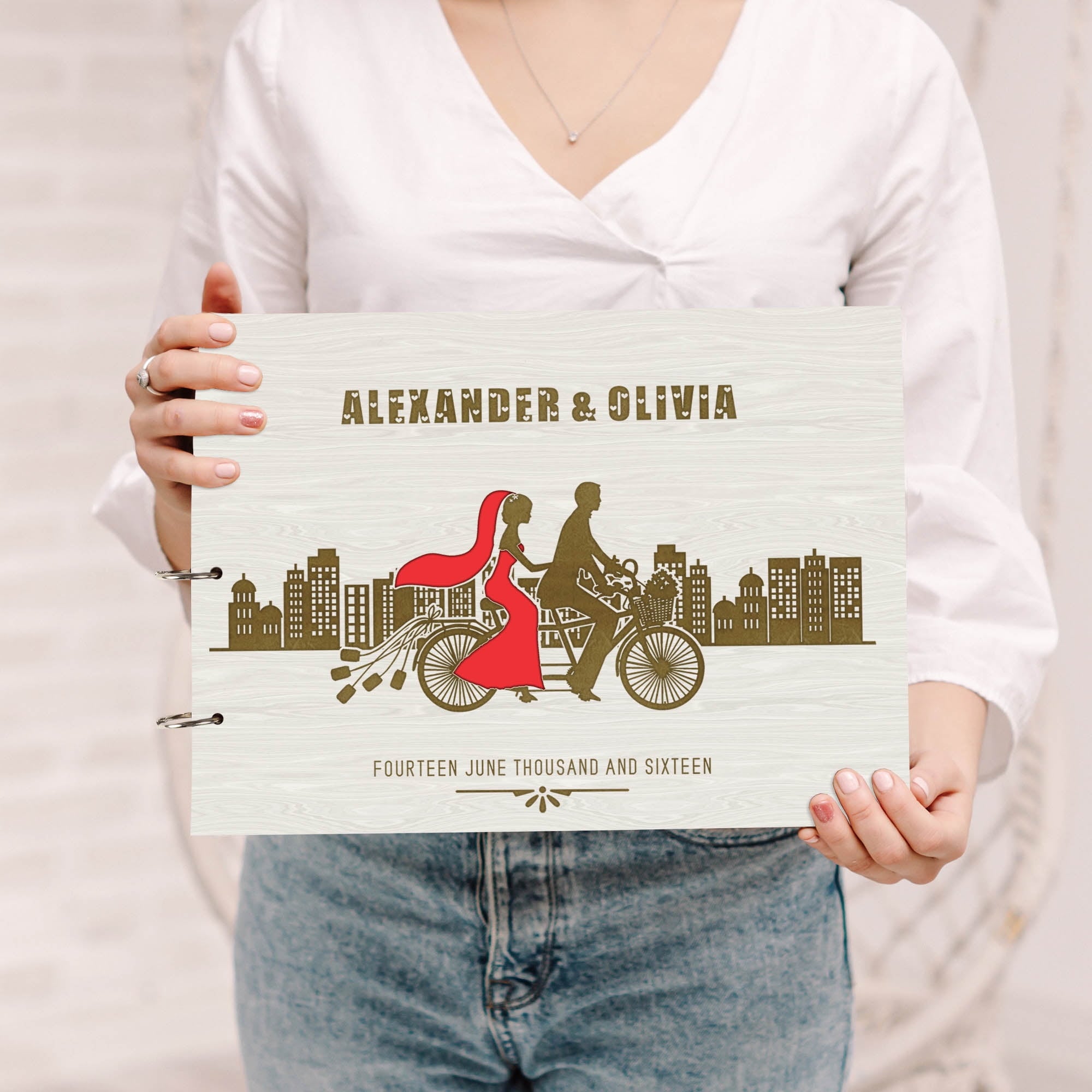 Darling Souvenir Personalized Engraved Laser Cut Wedding Guest Book Wooden Cover Sign-in Book Registry Guestbook Scrapbook-9J