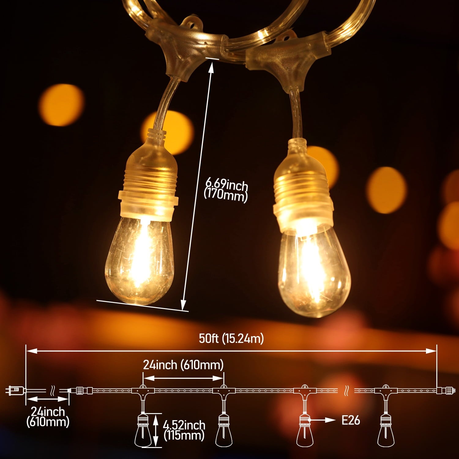 LED Outdoor String Lights, 48ft 24 Bulbs Commercial Connectable Patio String Light, LED Neon Light, IP65 Waterproof, 18AWG Copper Wire, Clear White