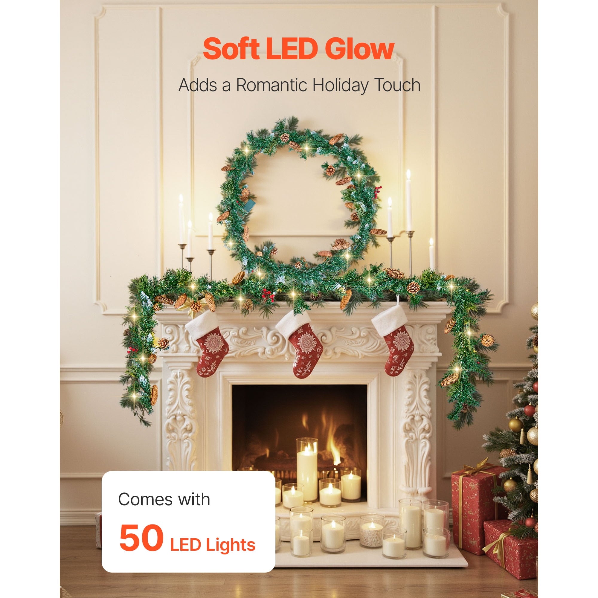 KFFKFF 9-Ft Artificial Christmas Garland with Lights, Festive Greenery Decoration Featuring Berries, Pine Needles, and Cones, Realistic Holiday Accent for Mantels and Fireplaces