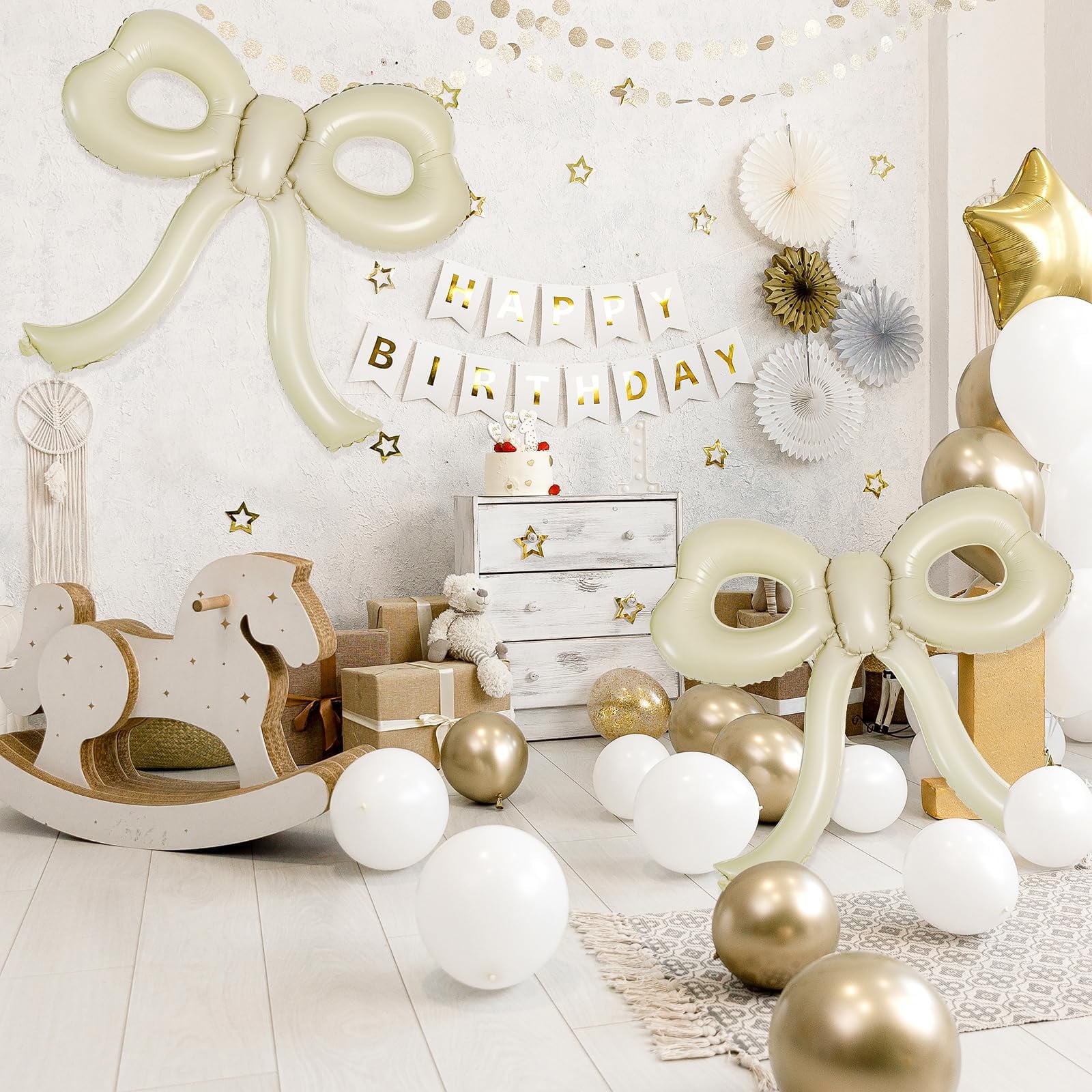 Bow Themed Party Decorations 4 Pack, Large 30x28 Inch Cream Foil Balloons with Ribbon for s Women Birthday Wedding Shower, Beige