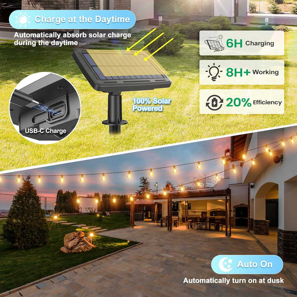 Quntis 111FT Outdoor Solar String Lights with Remote+Timer, 50+2 Bulbs Dimmable Solar String Lights 4 Lighting Modes IP65 Waterproof with USB C Port for Garden Patio Yard Festival Camping