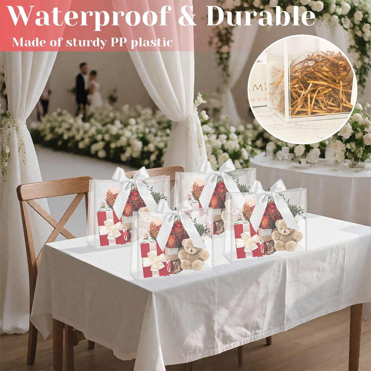 Clear Plastic Gift Bags with Die Cut Handles Graduation Reusable Flower Gift Bag with Ribbon for Wedding Birthday Party Business 12"x10"x5" 12 Pcs White