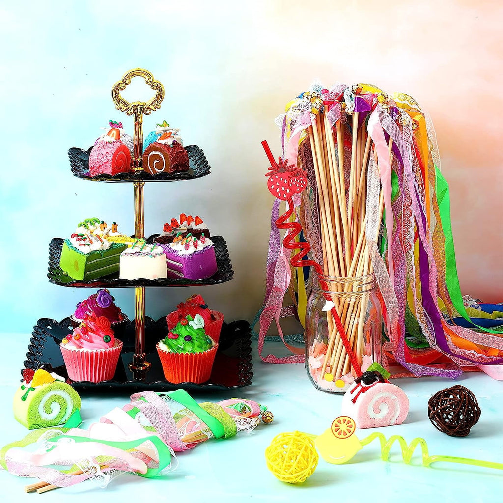50 Pieces Ribbon Wands Wedding Streamers with Bells, Lace Fairy Stick Wand Party Ribbon Streamers Chromatic Silk Streamers for Party, Birthday and Holiday