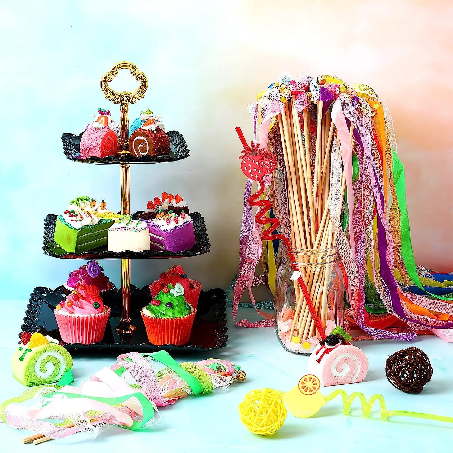 50 Pieces Ribbon Wands Wedding Streamers with Bells, Lace Fairy Stick Wand Party Ribbon Streamers Chromatic Silk Streamers for Party, Birthday and Holiday