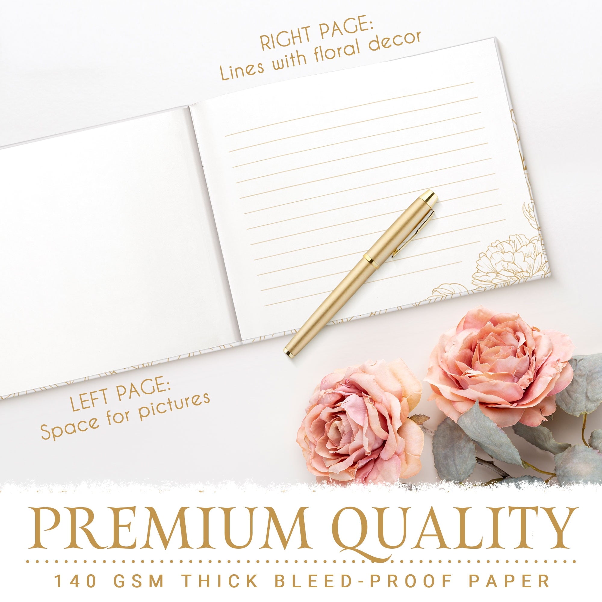 Lovely J Dragonfly Gold Stamped Floral Wedding Guest Book with Pen