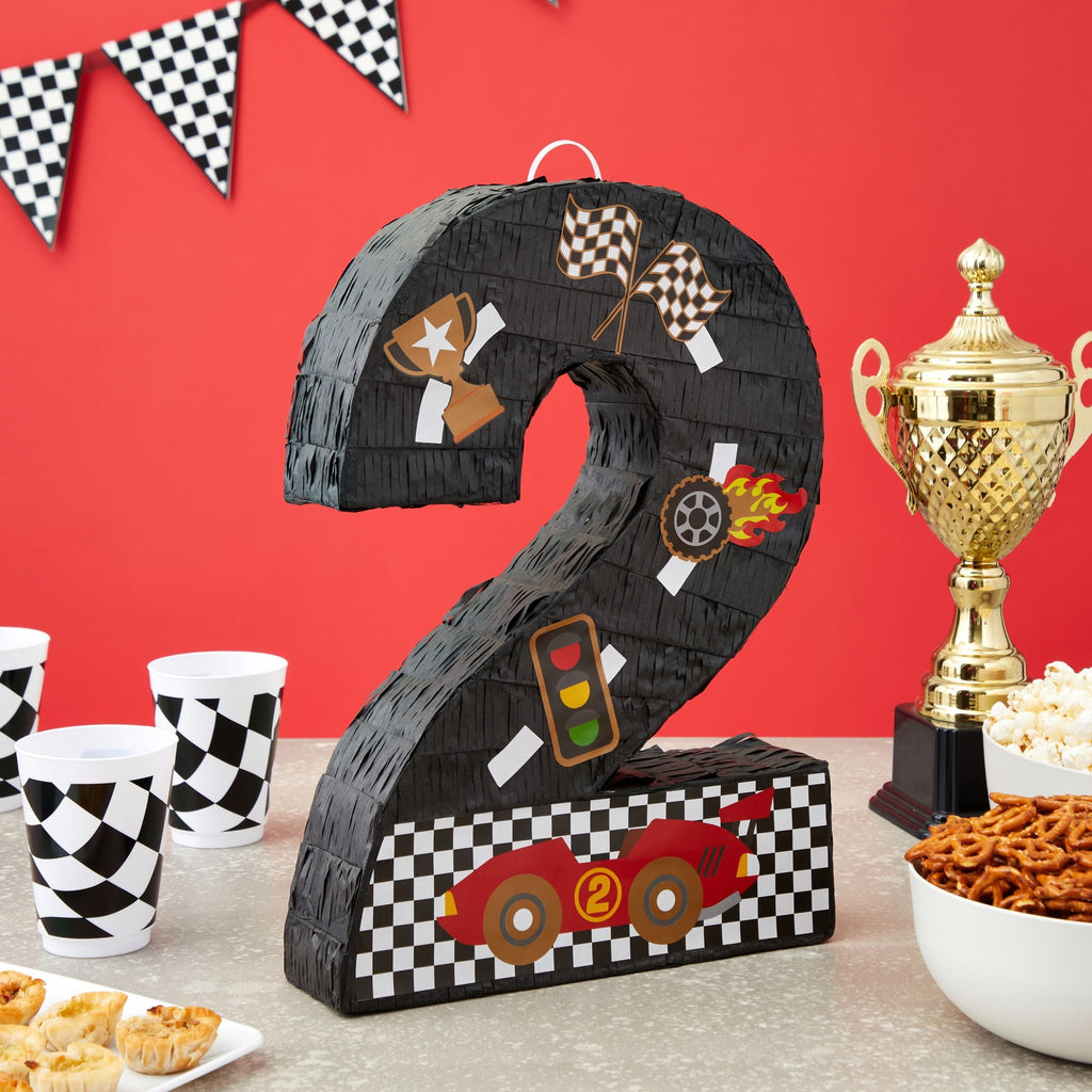 Number 2 Race Car Pinata for Two Fast Birthday Decorations, Party Supplies (Small, 11.85"L x 3"W x 16.5"H), For Ages 3+