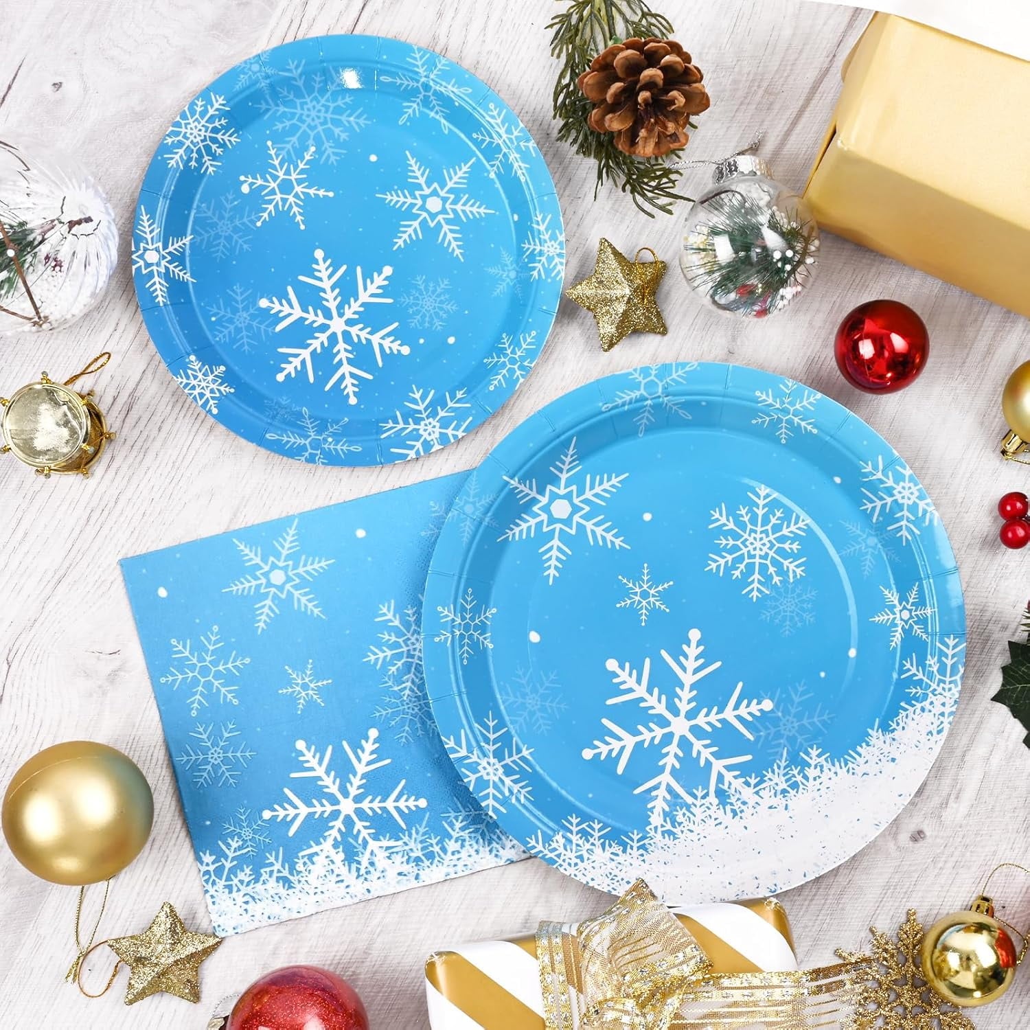 DAZLUTE 200 PCS Christmas Paper Plates and Napkins, Christmas Snowflake Blue Disposable Dinnerware Set for Christmas Party Supplies