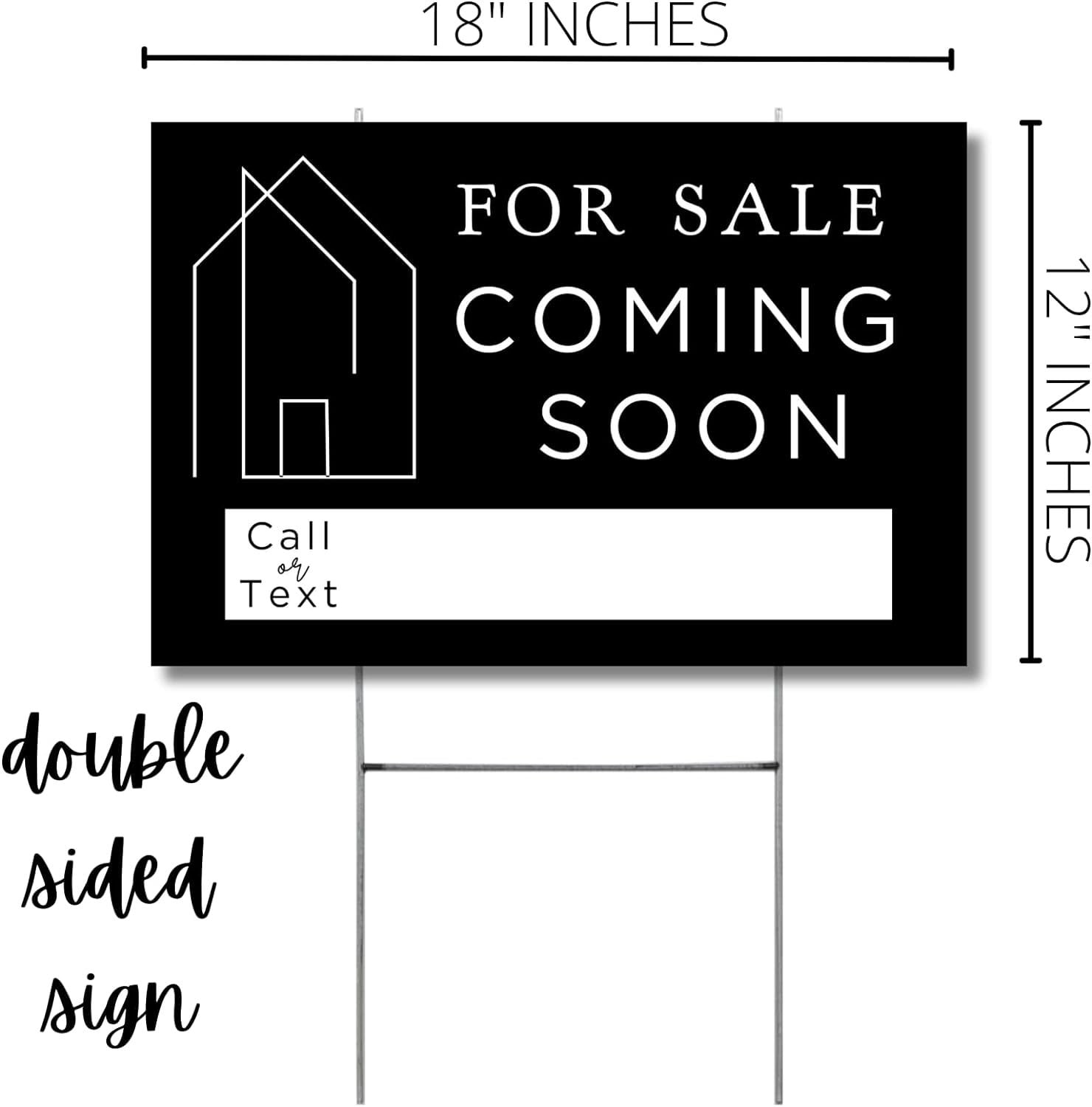 Coming Soon Real Estate Sign for Home  12 x 18 Yard Sign with H Frame Stake Home Double Sided Open House Realtor For Sale by Owner Classy Black White Minimalist Modern