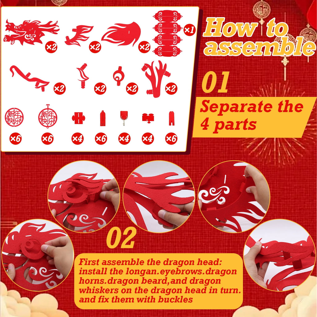 Bealkimm  Chinese New Year Dragon, 2PCS 3D Chinese New Year Dragon Ceiling Decorations and 2PCS Chinese Lanterns for Chinese New Year Decorations 2024