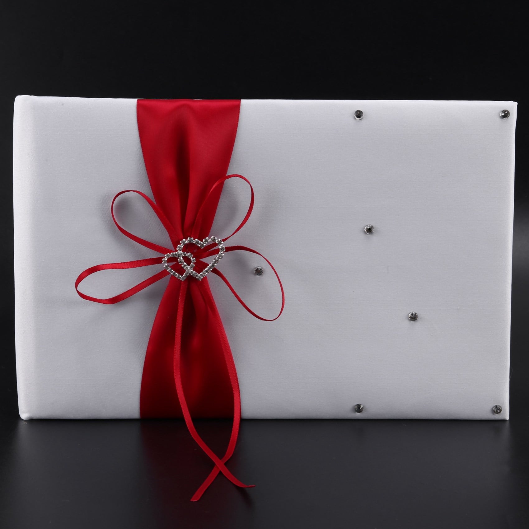Wedding Guest Book With Pen Holder Sets Satin Bows Signature Book With Diamonds Love Shape For Decorations-Red+White
