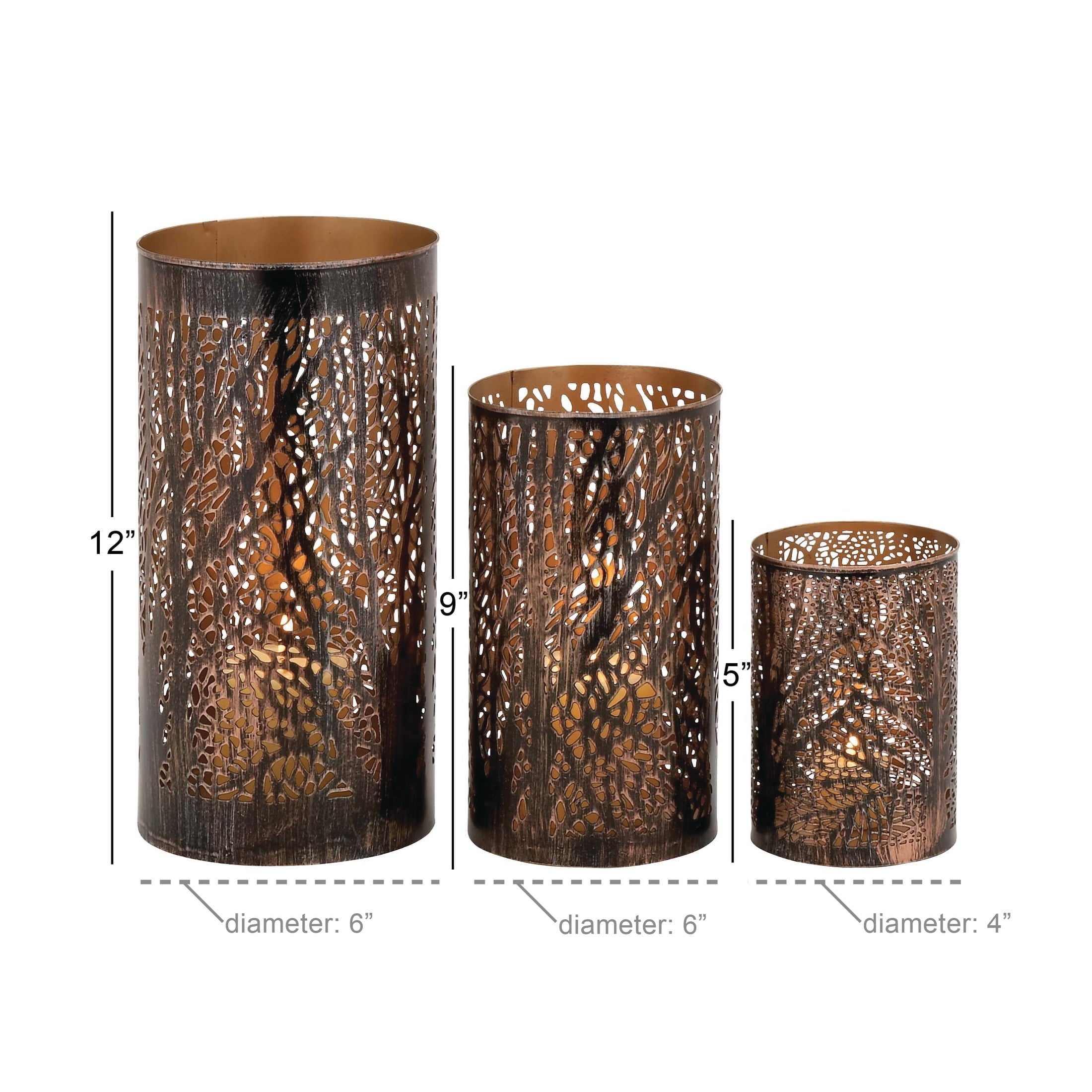 DecMode 3 Holder Bronze Metal Tree Branch Cutout Candle Lantern with Gold Interior, Set of 3
