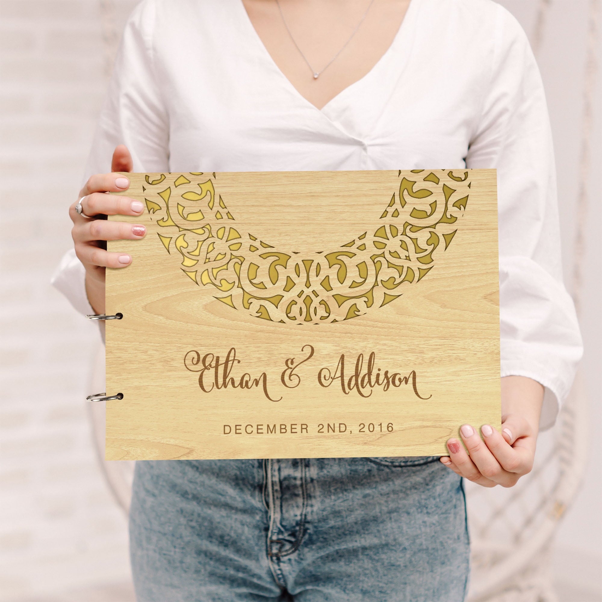 Darling Souvenir Personalized Engraved Laser Cut Wedding Guest Book Wooden Cover Sign-in Book Registry Guestbook Scrapbook-BK