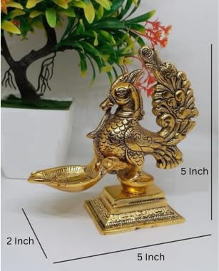Decorative Diya Deepak Pooja Peacock Design Puja Item Religious Brass Oil Lamp for Holi Pooja Aarti Diya Lighting Pooja Kit Lanterns Lamps Indian Traditional Festival (Size:-Height:-4") (Peacock-2)