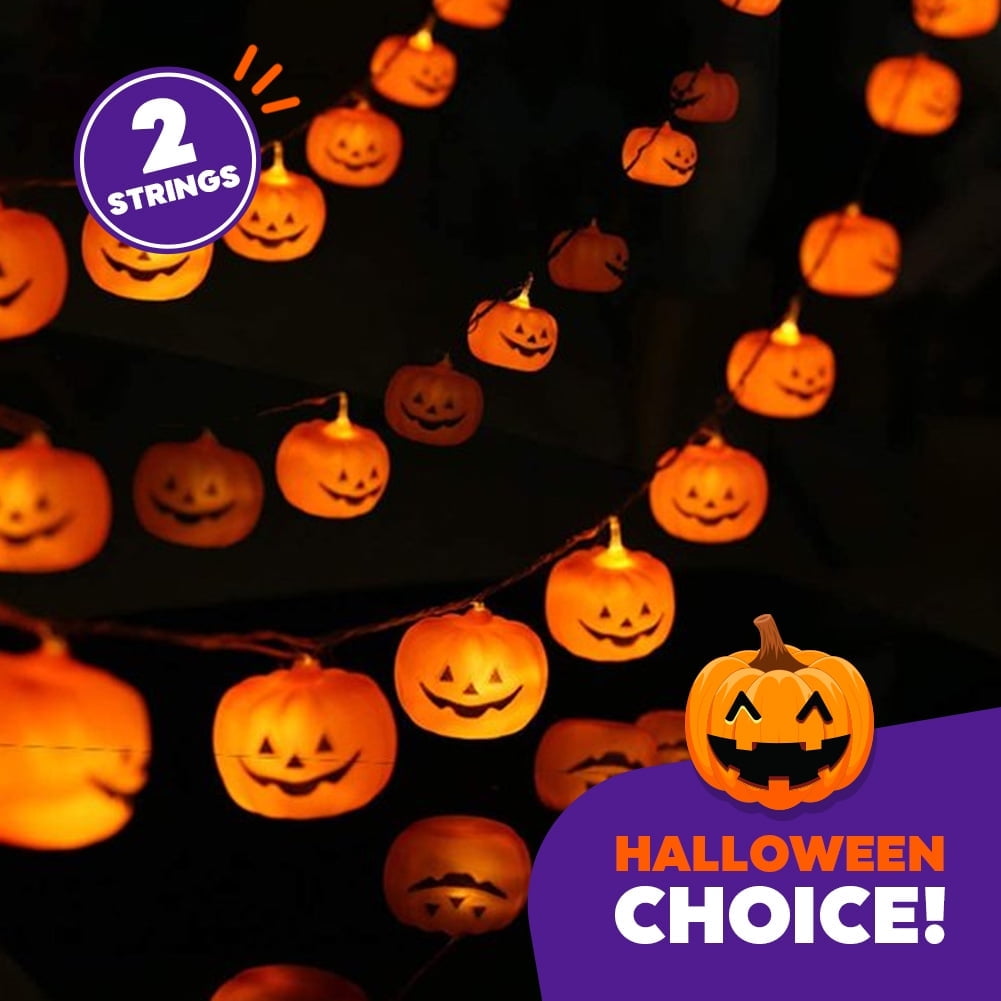2 Pack - Halloween String Lights (40 Bulbs), LED Pumpkin Jack-O-Lantern Indoor Decoration, Orange Holiday Bulbs for Outdoor Décor, 8 Modes Lights (2*20 Pumpkin Lights, 23 feet, each)