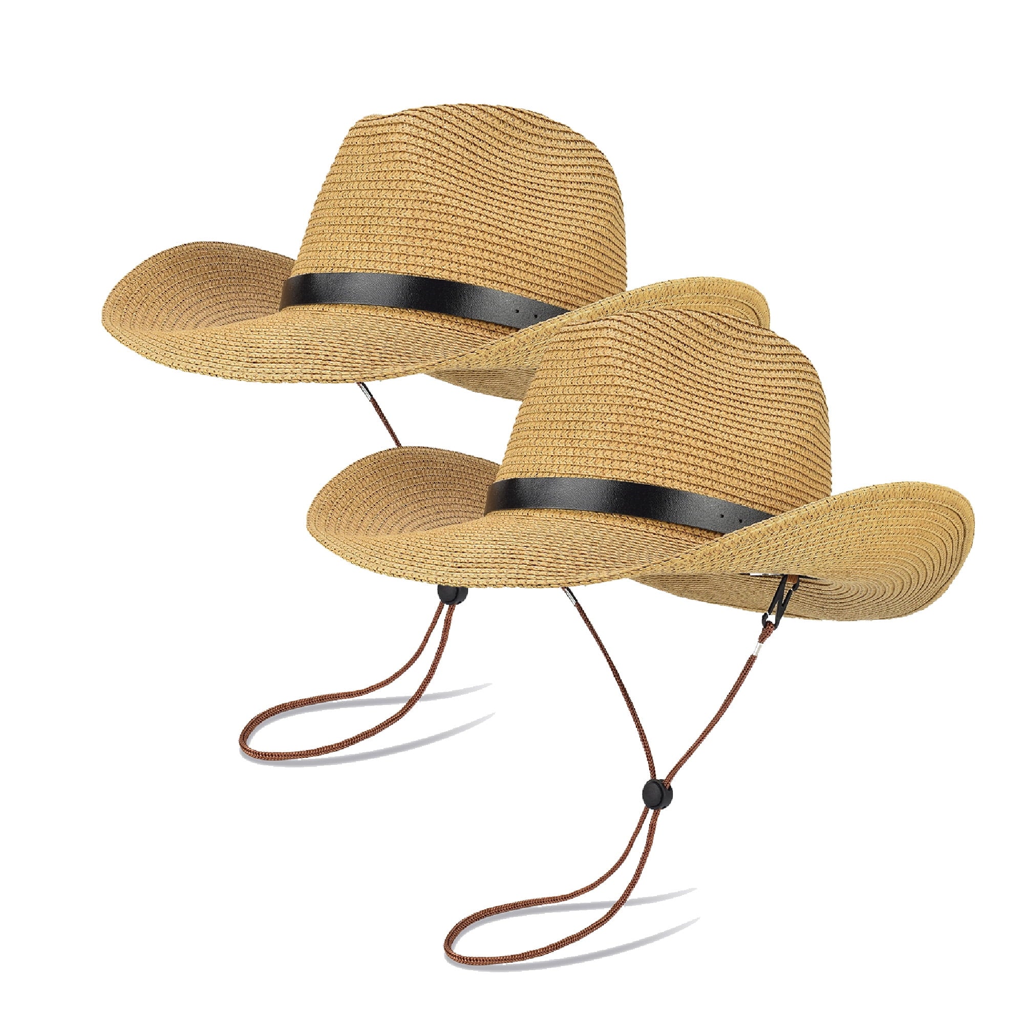 (2 pack) EINSKEY Straw Cowboy Hats for Men, Western Cowgirl Hat Women Wide Brim Fedora for Beach,Khaki