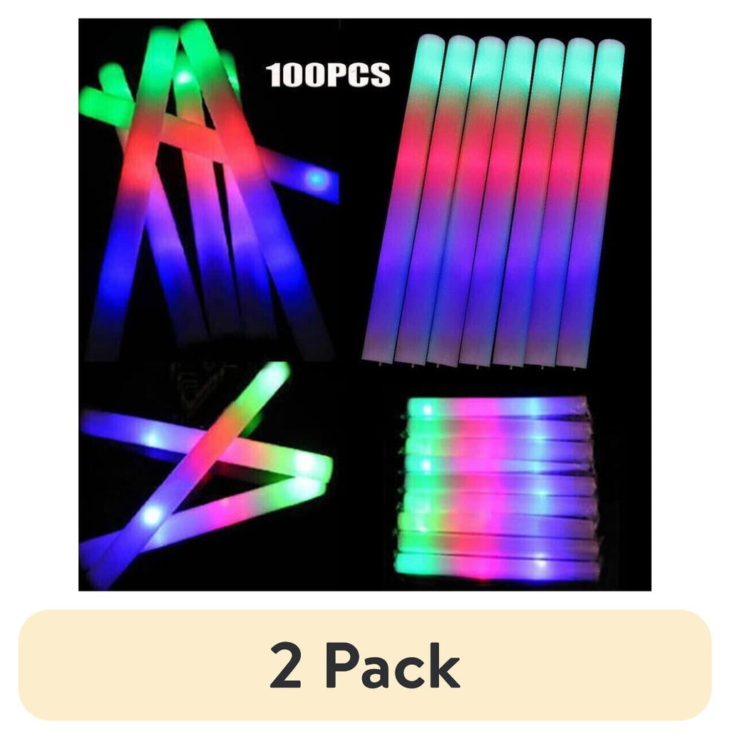 (2 pack) LED Light up 16 inch Multicolor Glow Foam Stick Cheer Tube Soft Batons - Pack of 100 by Partyglowz