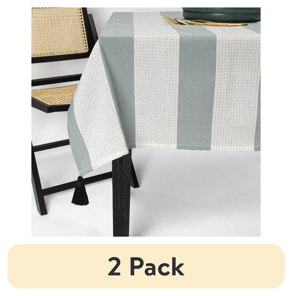 (2 pack) Thyme & Table 102" Rectangle Tablecloth, Green and White with Black Tassels
