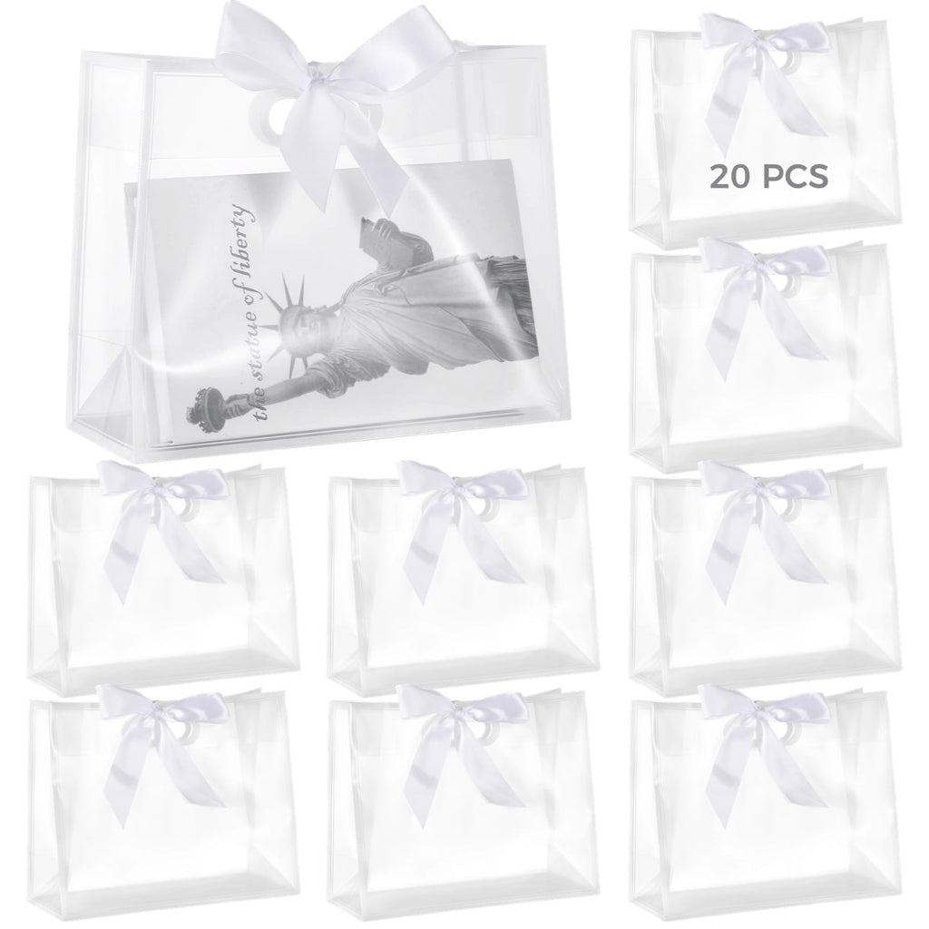 20 Pcs Clear Plastic Gift Bags with Handles, 12*5*10'' PP Frosted Totes with 31 Inch Ribbon, Reusable Waterproof Presentation Bags for Party Favor, Baby Shower, Wedding, Birthday