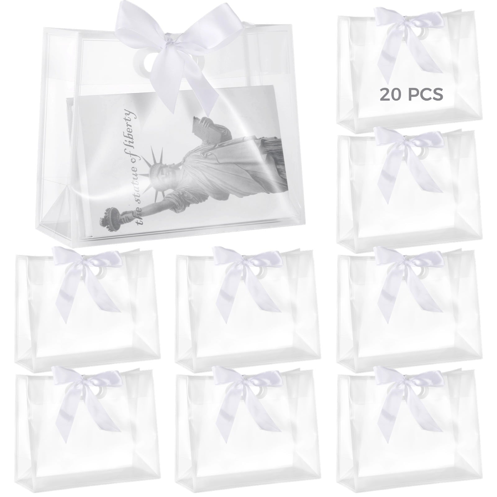 20 Pcs Clear Plastic Gift Bags with Handles, 12*5*10'' PP Frosted Totes with 31 Inch Ribbon, Reusable Waterproof Presentation Bags for Party Favor, Baby Shower, Wedding, Birthday