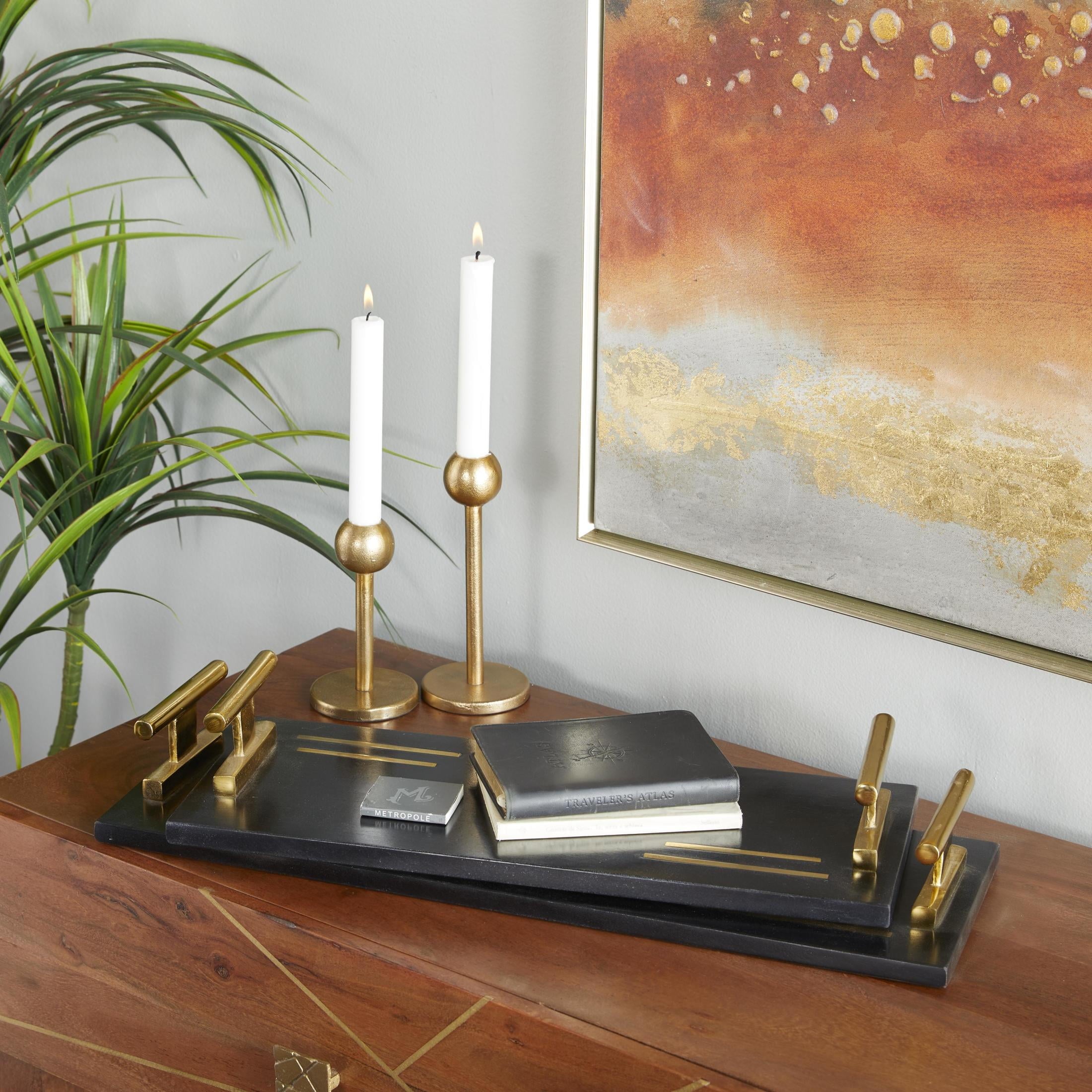 DecMode 22", 18"W Black Marble  Tray with Gold Handles, 2-Pieces