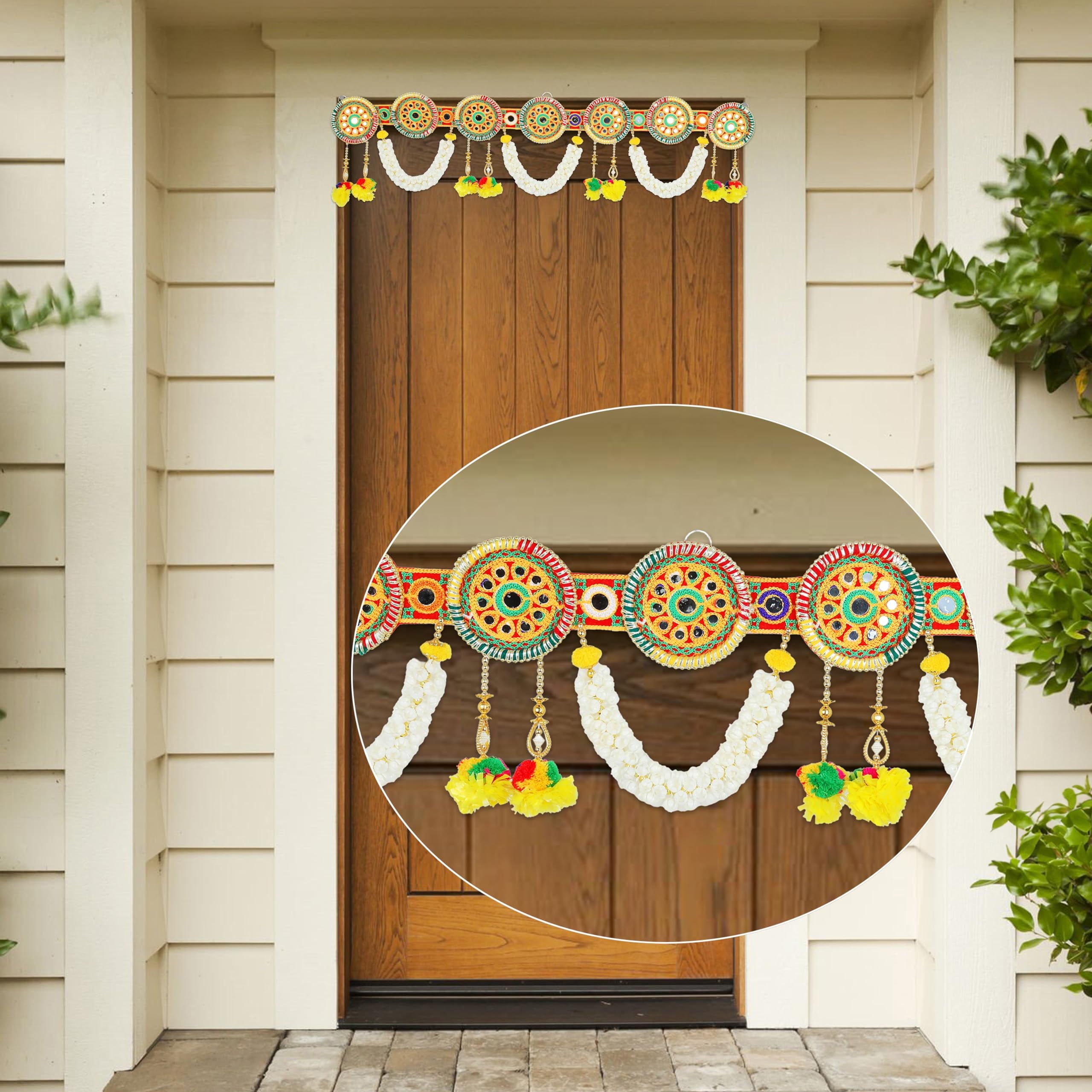 Artificial Toran Door Hanging Marigold Mogra Flowers Garlands Toran Set with Bandanwar Round Chakra with Beads for Home Christmas Festival Indian Wedding Entrance Decoration(Size-36"X9")
