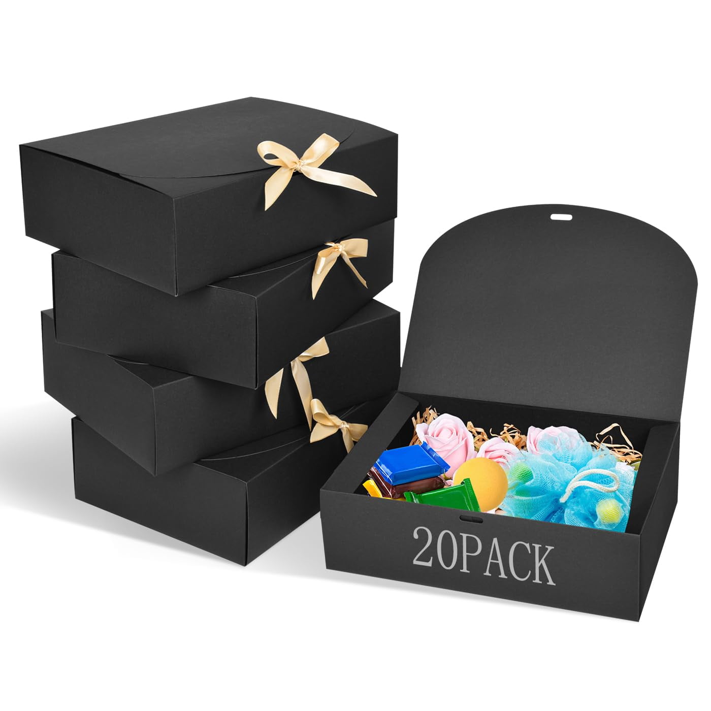 20Pack Large Gift Boxes with Lids, 12.2x9.8x3.1Inch Black Gift Boxes with Ribbon, Groomsmen Proposal Box Paper Gift Boxes