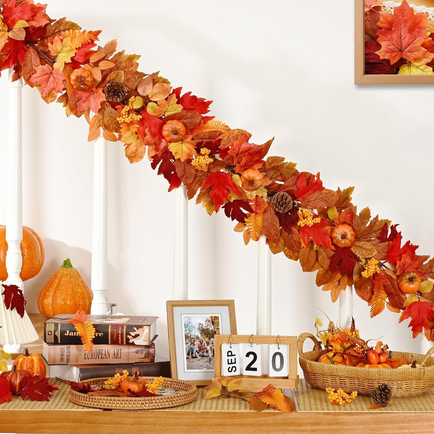 Lyacmy 6 FT Orange Fall Garland for Mantle Fall Decorations for Home, Pumpkins Maple Leaves Lighted Fall Garland for Home Fall Decor Outdoor Indoor