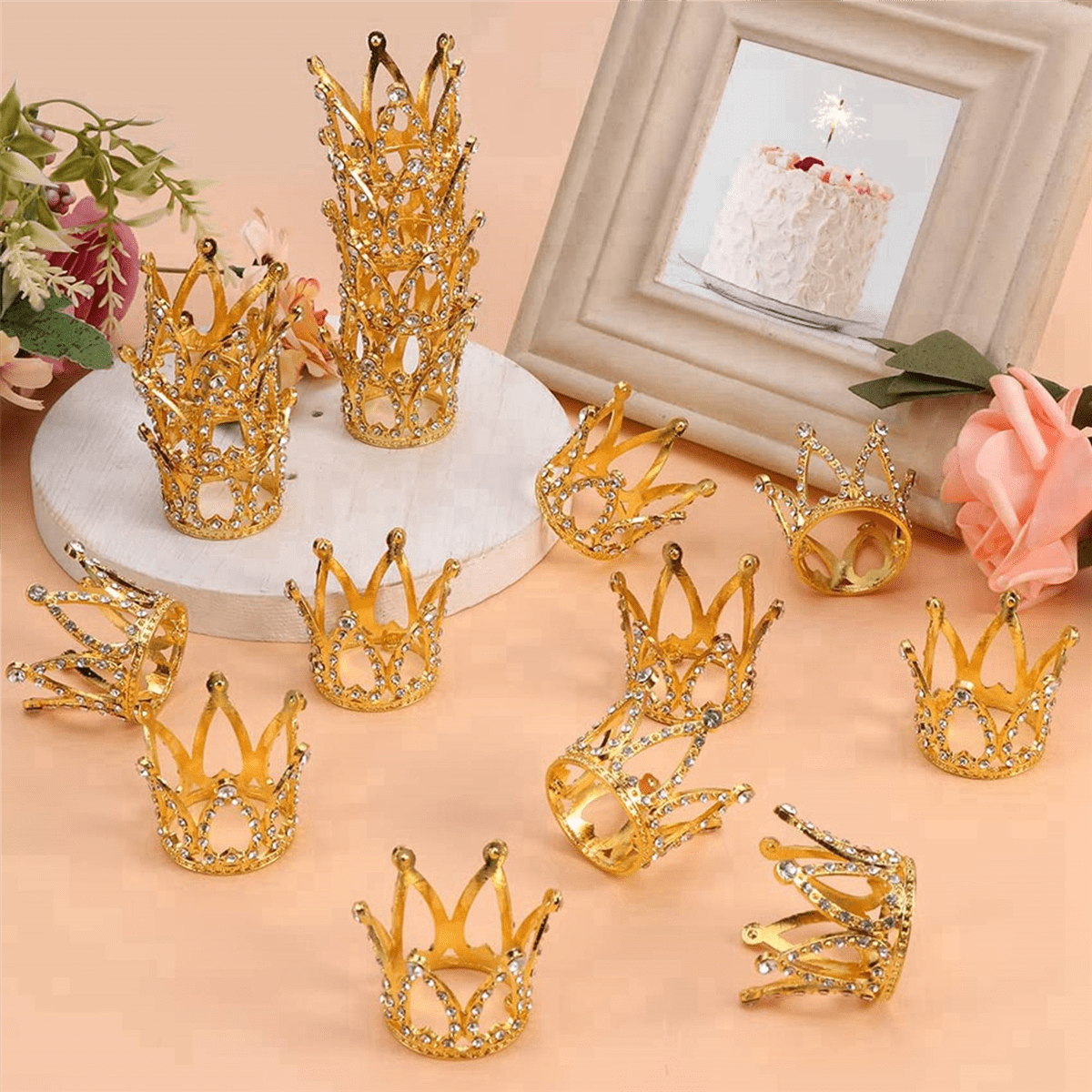 50 Pcs Gold Cake Topper Tiny Baby Small Rhinestone Crown for Flower Arrangements Shower Birthday Wedding Decor