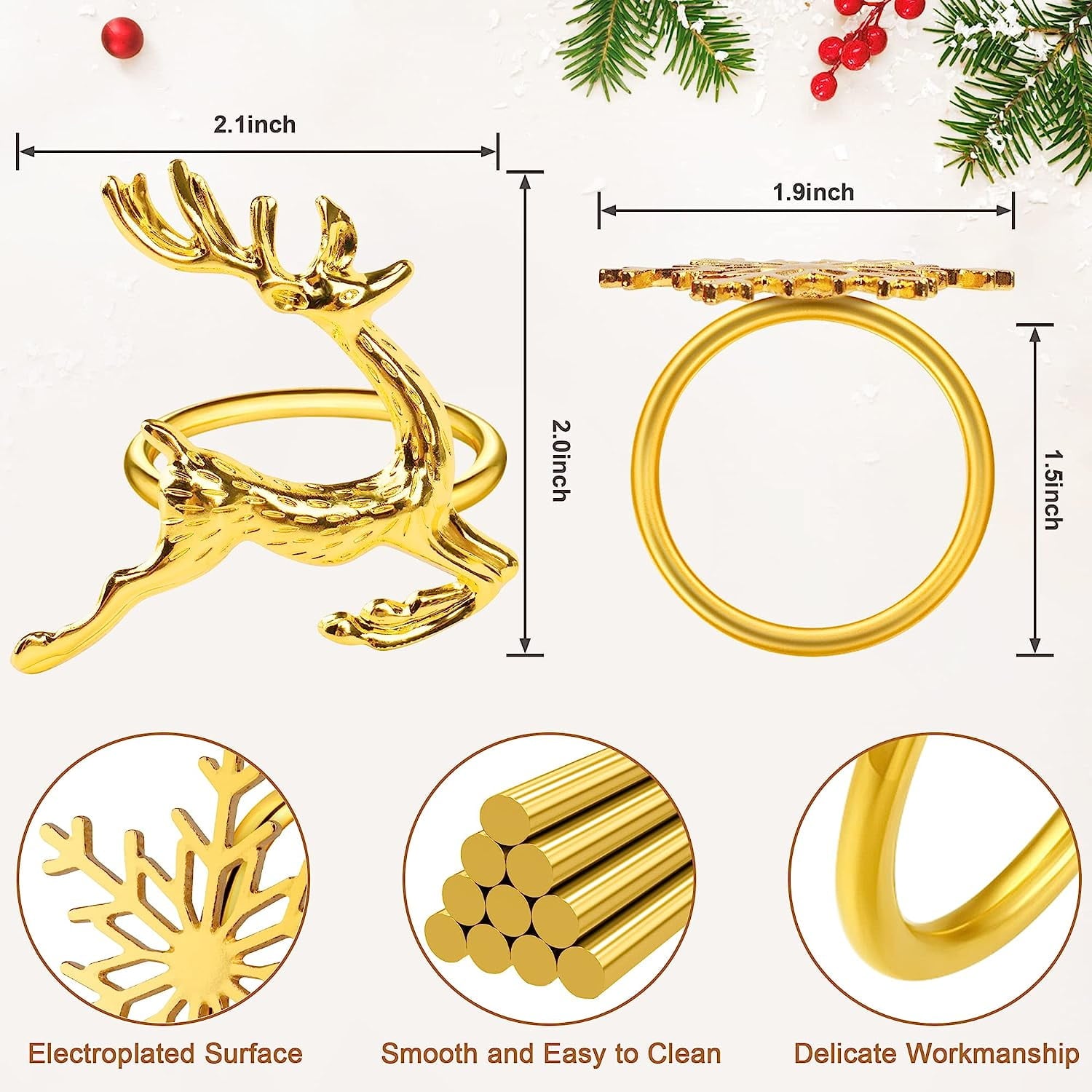 Homotte Gold Christmas Napkin Rings Set of 12, Christmas Reindeer and Snowflake Napkin Holders for Thanksgiving Table Decorations, Christmas Banquet, Daily Receptions