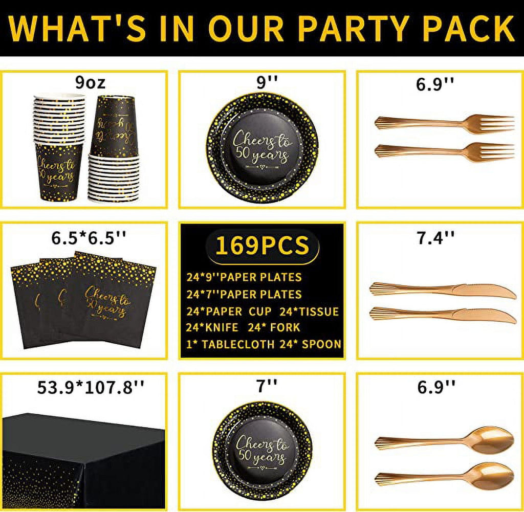 50th Birthday Party Supplies Tableware Serves 24: 9" Paper Plates 7" Plate 9 Oz Cups Napkins Forks Knives Tablecloth 50th Birthday Black & Gold Dot Themed Disposable Dinnerware