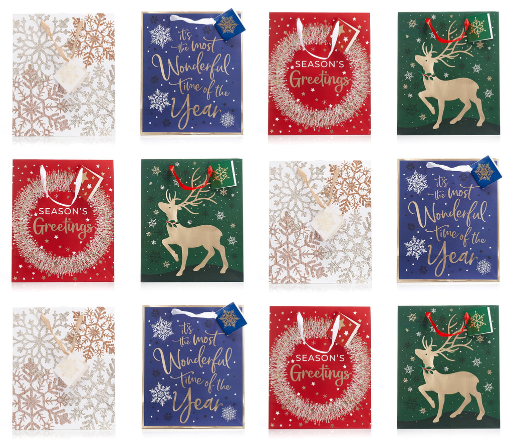 Christmas Large Holiday Gift Bags with Foil Hot Stamps (Pack of 12)