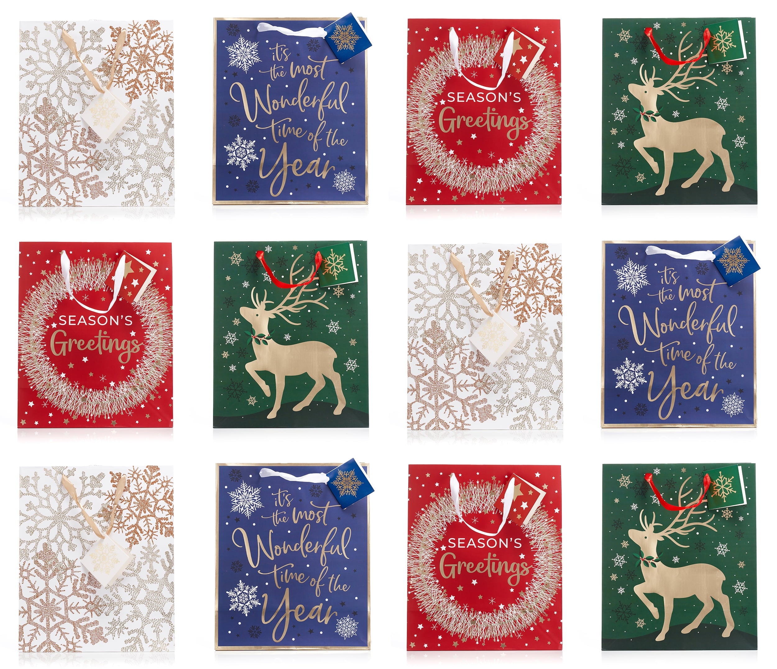 Christmas Large Holiday Gift Bags with Foil Hot Stamps (Pack of 12)