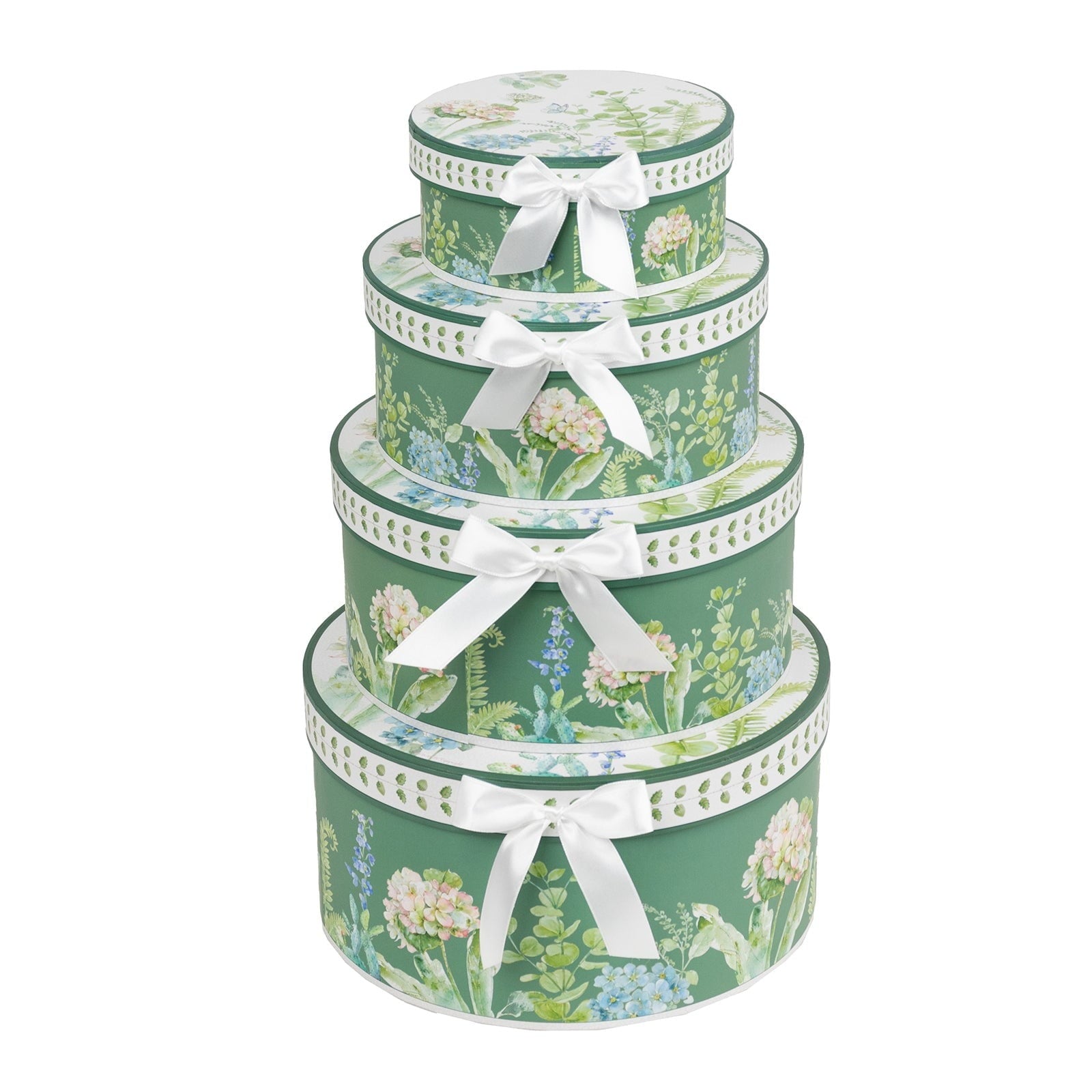 BalsaCircle Set of 4 Round Green Floral Nesting Cardstock Gift Boxes with Lids Party Accessories