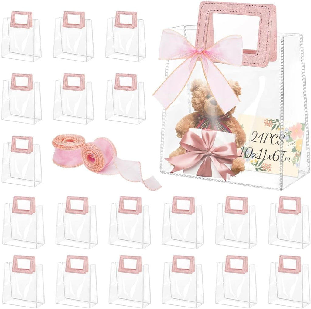 24 Pcs Clear Gift Bags with Handles, Transparent PVC Gift Bag with Ribbon, Reusable Plastic Shopping Bags, Heavy Duty Gift Wrap Bags for Bridal Party Baby Shower Wedding Birthday (10x11x6In-Large)