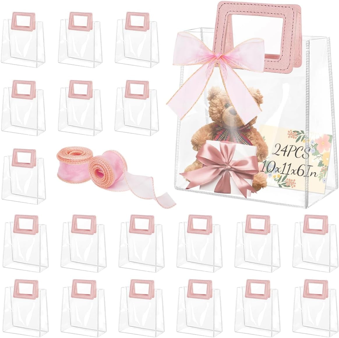 24 Pcs Clear Gift Bags with Handles, Transparent PVC Gift Bag with Ribbon, Reusable Plastic Shopping Bags, Heavy Duty Gift Wrap Bags for Bridal Party Baby Shower Wedding Birthday (10x11x6In-Large)