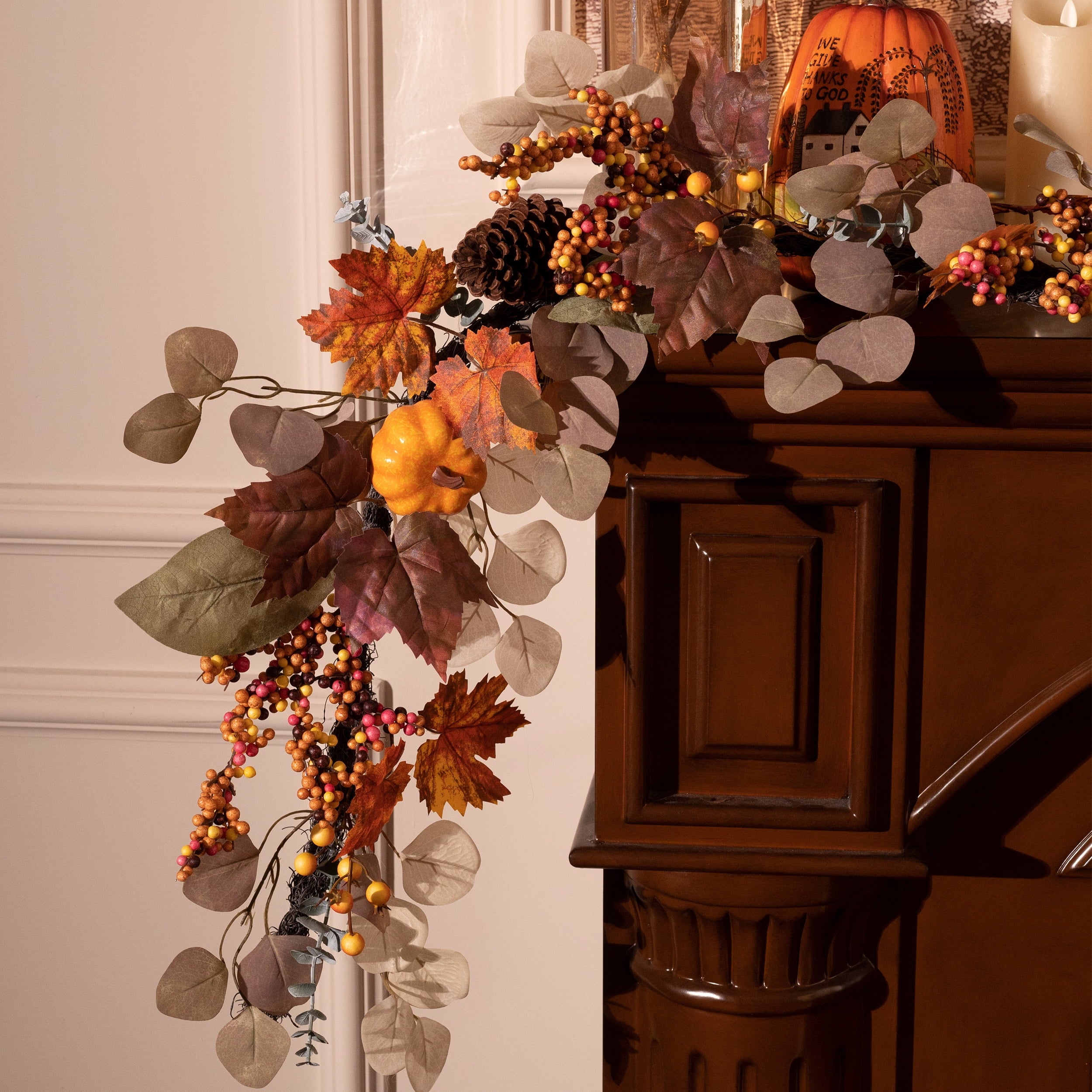 Valery Madelyn 6Ft Pre-Lit Fall Garland Lighted Harvest Garland with Red Orange White Pumpkin & Pine Cone for Thanksgiving Fireplace Farmhouse Front Door Banisters Porch