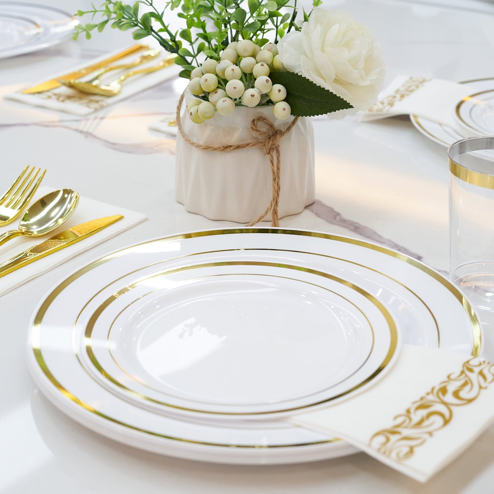 Hawsaiy 350PCS Gold Disposable Plates and Cups Set for 50 Guests, Plastic Dinnerware with Napkins for Wedding and Party