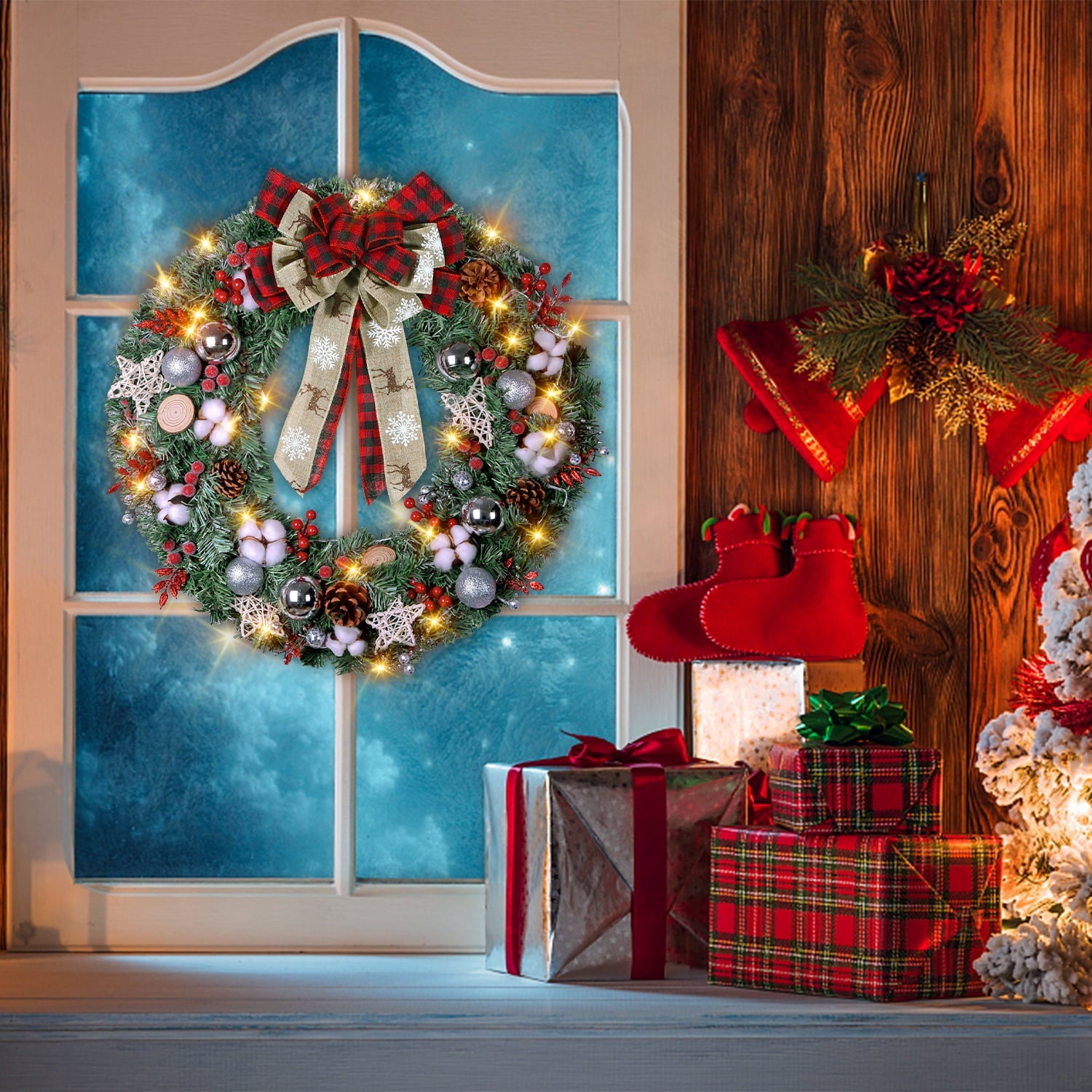 iHeartyard 24inch Wreath for Front Door, 50 LED Festival Wreaths Holiday Accents, Indoor & Outdoor Decorations