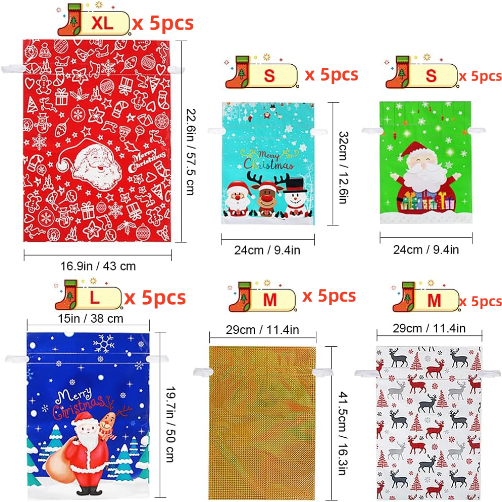 Christmas Gift Bags, 30PCS Drawstring Christmas Gift Bags, 4 Sizes and 6 Designs with Inserted Drawstring Ribbons and Tags for Xmas Holiday Presents Party Favor Wrapping